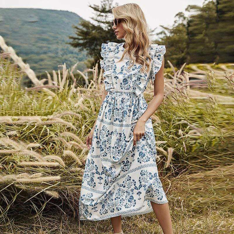Anna-Kaci Blue Ivory Floral Print Open Back Ruffle Maxi Dress for Women Large 8-10 / Blue