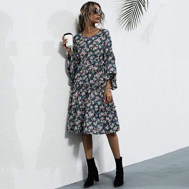 Anna-Kaci Boho Floral Paisley Print Ruffle Long Sleeve Midi