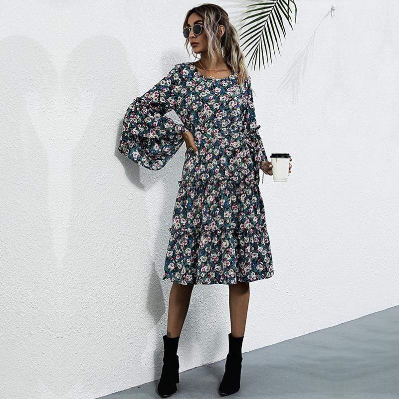 Anna-Kaci Boho Floral Paisley Print Ruffle Long Sleeve Midi