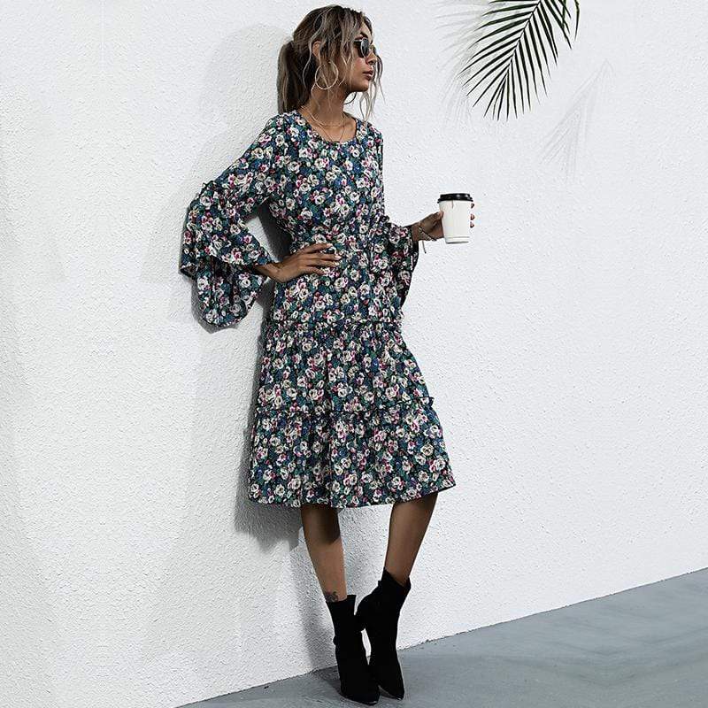 Anna-Kaci Boho Floral Paisley Print Ruffle Long Sleeve Midi