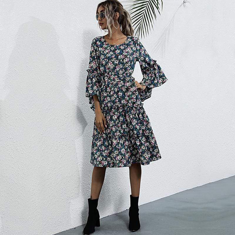 Anna-Kaci Boho Floral Paisley Print Ruffle Long Sleeve Midi