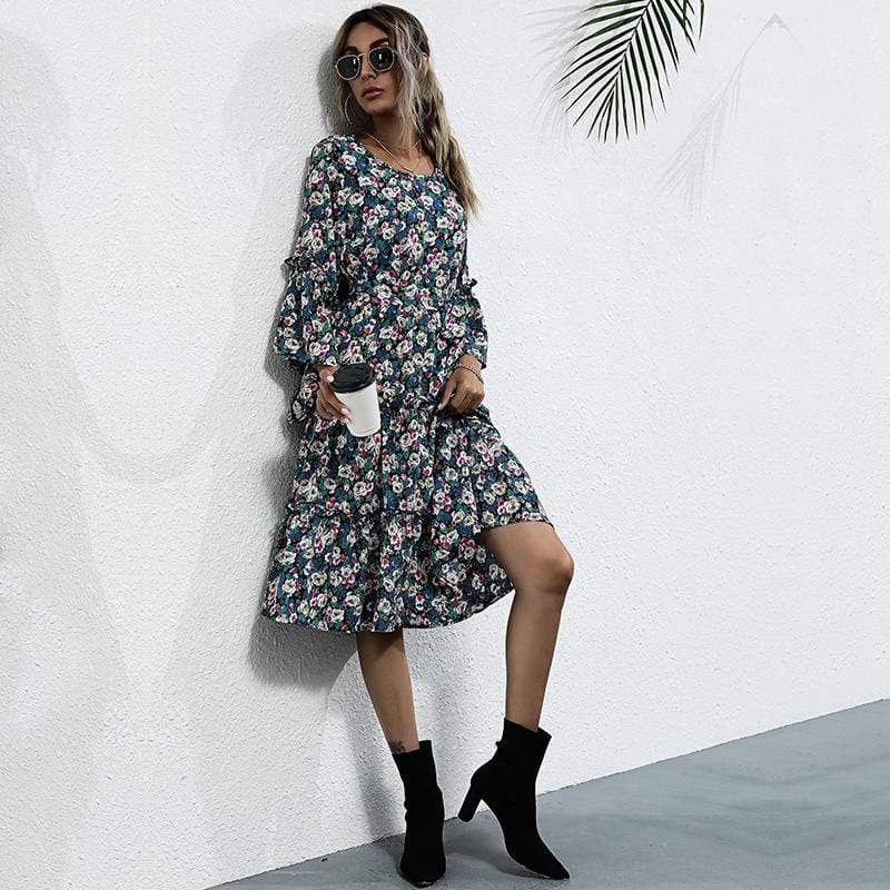 Anna-Kaci Boho Floral Paisley Print Ruffle Long Sleeve Midi