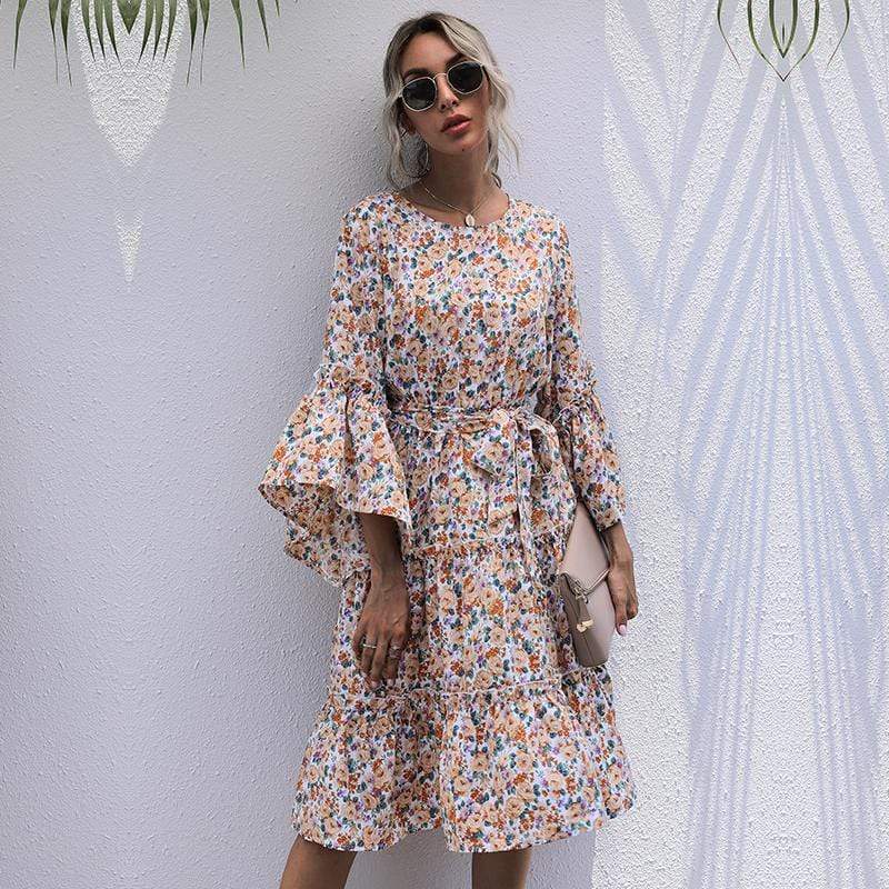 Anna-Kaci Boho Floral Paisley Print Ruffle Long Sleeve Midi