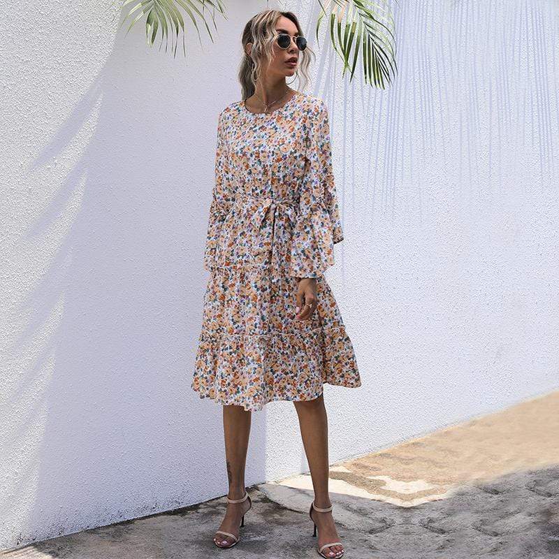 Anna-Kaci Boho Floral Paisley Print Ruffle Long Sleeve Midi