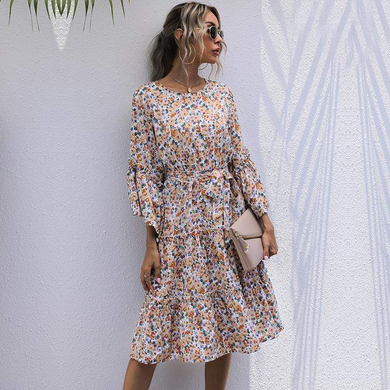 Anna-Kaci Boho Floral Paisley Print Ruffle Long Sleeve Midi