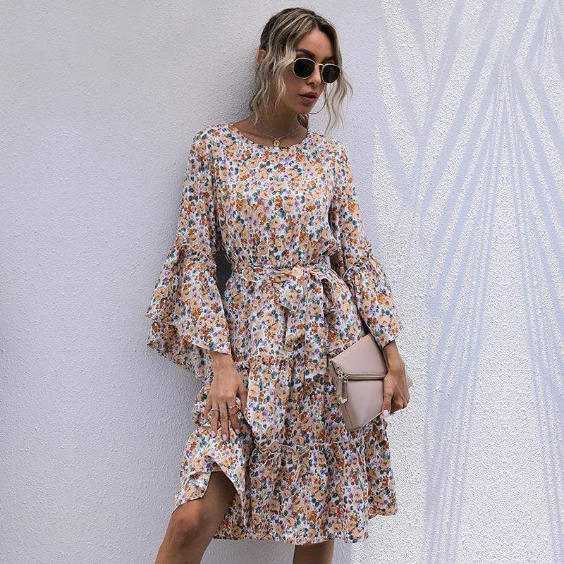 Anna-Kaci Boho Floral Paisley Print Ruffle Long Sleeve Midi