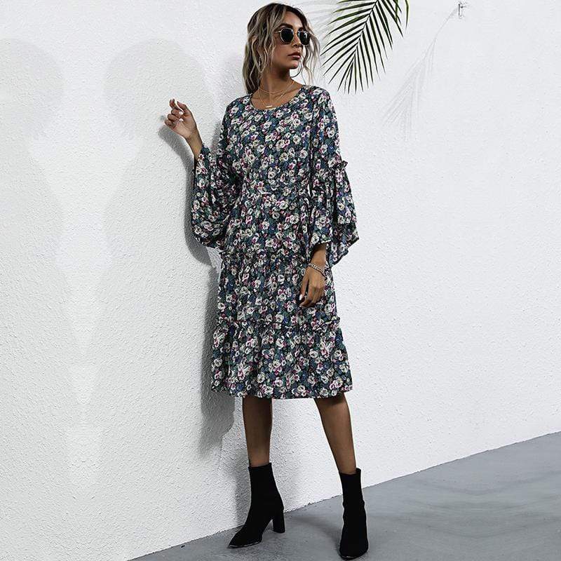 Anna-Kaci Boho Floral Paisley Print Ruffle Long Sleeve Midi XL 10-12 / Blue