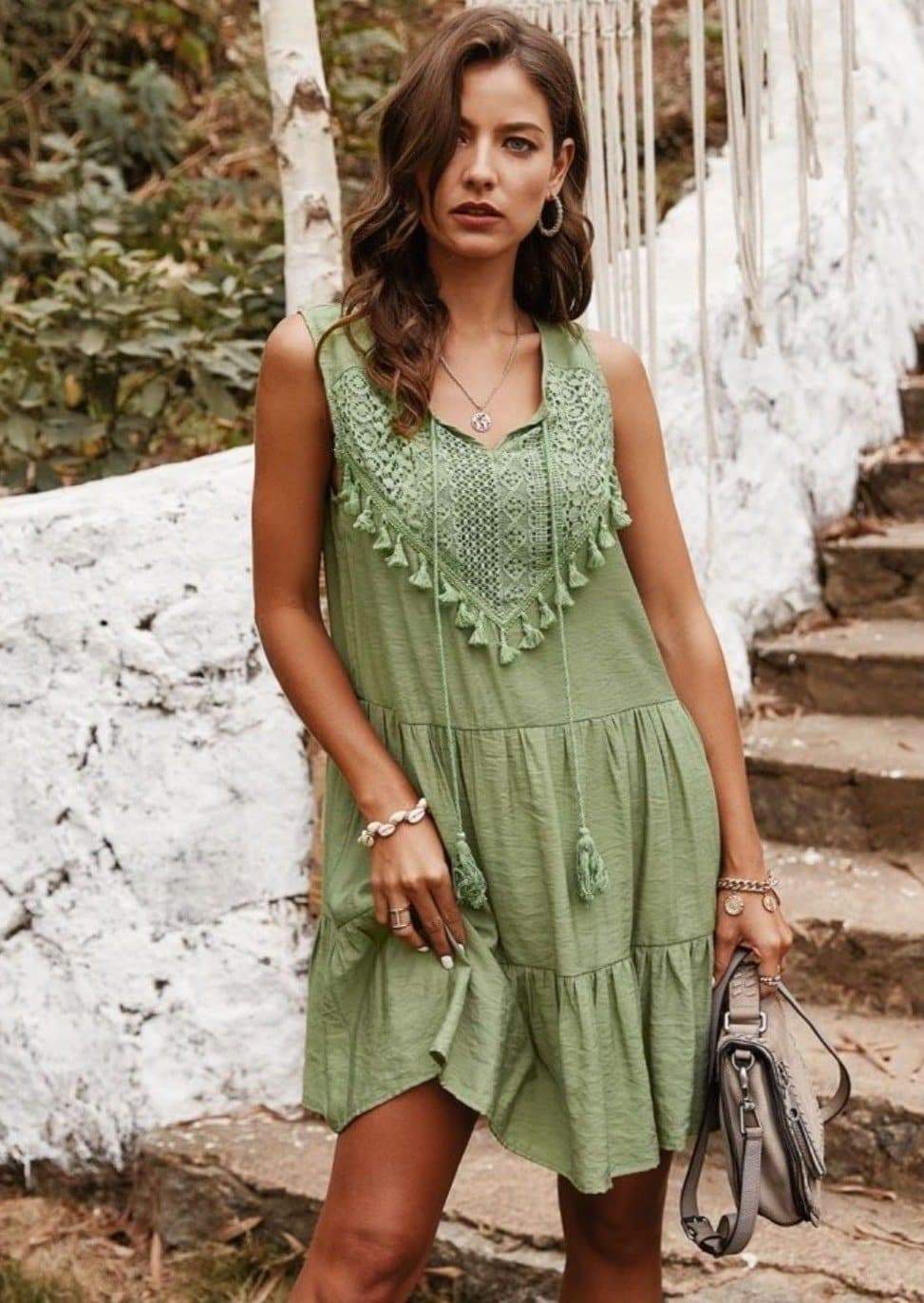 Boho Sleeveless Tunic Dress A Line Sweetheart Neck with Tassels for Women | Wholesale Anna-Kaci Wholesale Boho Sleeveless Tunic Dress A Line Sweetheart Neck with Tassels for Women | Wholesale Anna-Kaci Wholesale