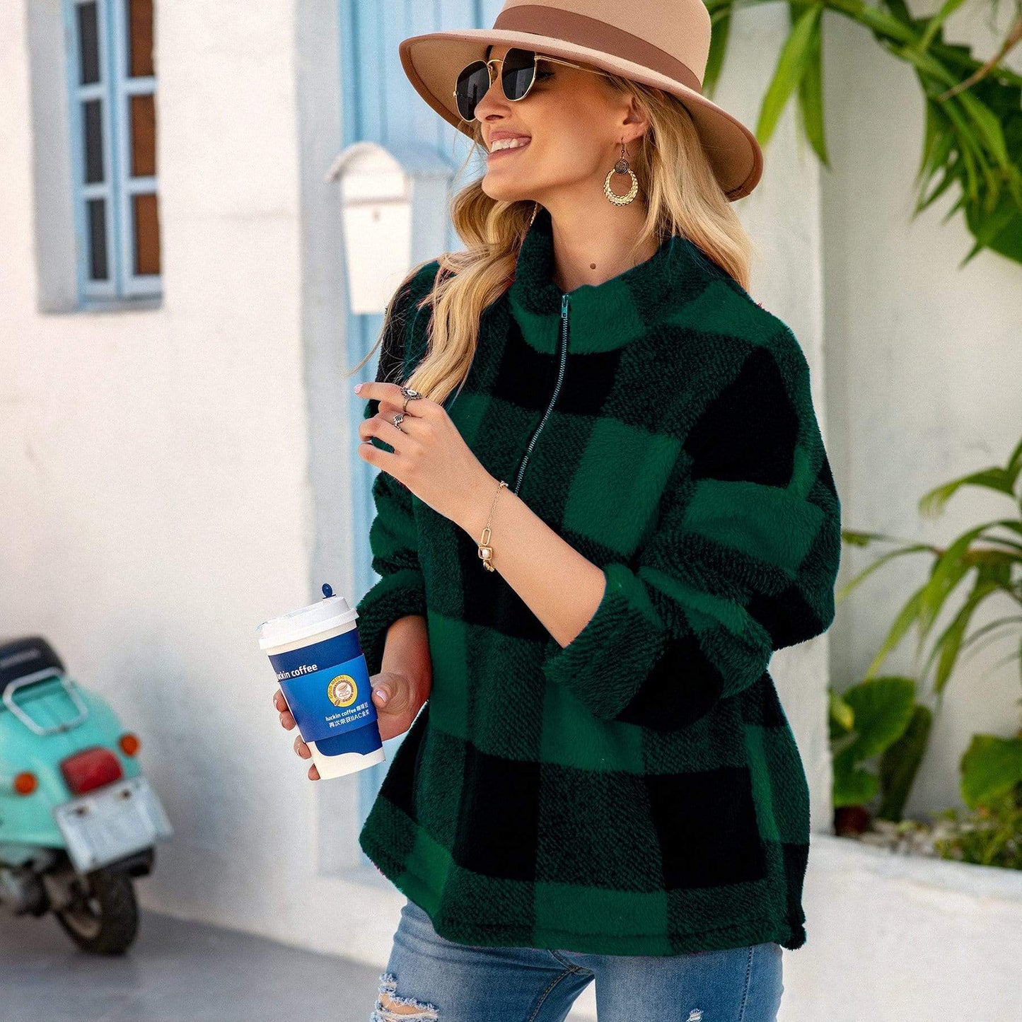 Anna-Kaci Buffalo Plaid Patterned Fluffy Fleece Quarter Zip Jacket for Women