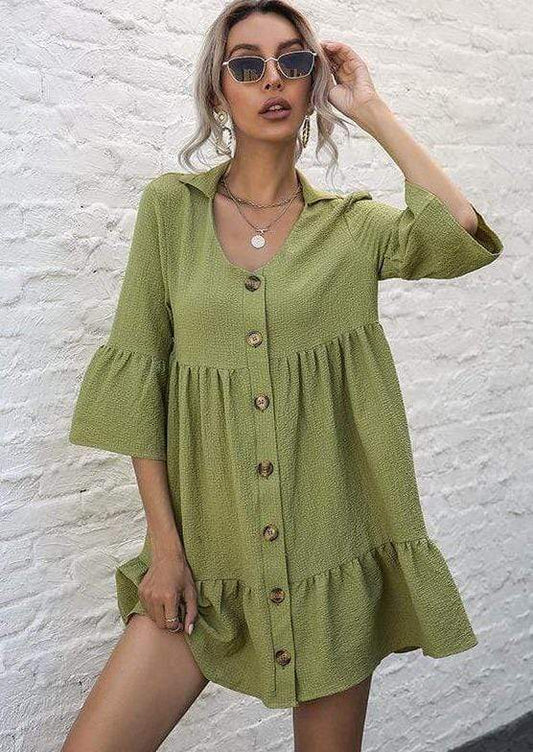 Anna-Kaci Button Down Ruffle Tier Oversized Mini Dress XL 10-12 / Olive Green