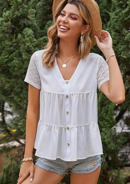 Anna-Kaci Button Down V Neck Lace Knit Short Sleeve Summer Blouse for Women