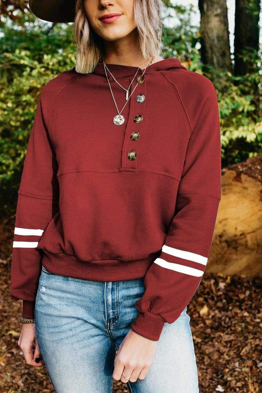 Anna-Kaci Button Front Detail Striped Long Sleeve Relaxed Fit Hoodie for Women