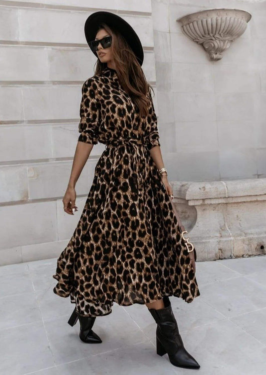 Anna-Kaci Cheetah Print Midi A-Line Ruffle Dress Collared Half Sleeve for Women