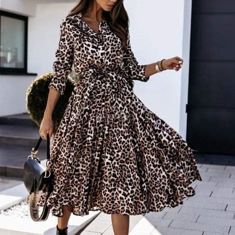 Anna-Kaci Cheetah Print Midi A-Line Ruffle Dress Collared Half Sleeve for Women