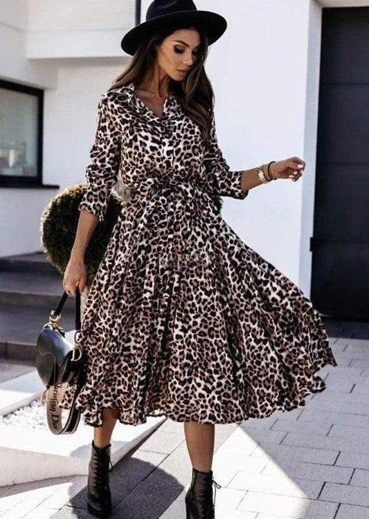 Anna-Kaci Cheetah Print Midi A-Line Ruffle Dress Collared Half Sleeve for Women Large 8-10 / Beige