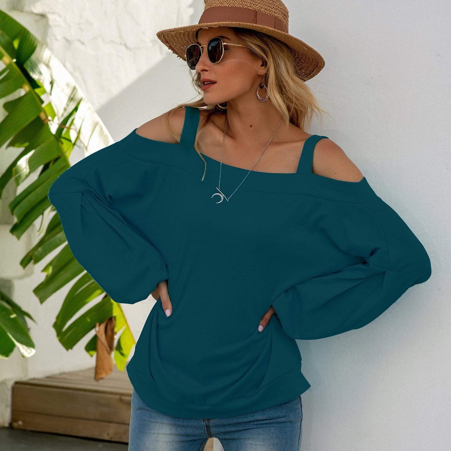 Anna-Kaci Cold Shoulder Oversized Loose Fit Casual Long Sleeve Top Solid for Women