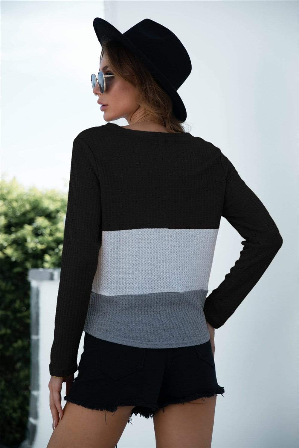 Anna-Kaci Color Block Button Up Knitted Tied Front Long Sleeve Top