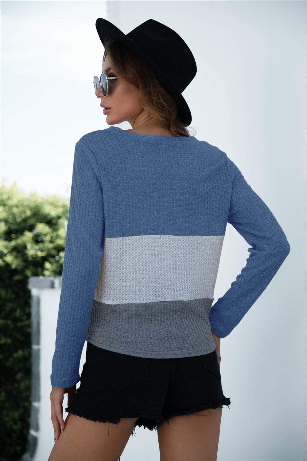 Anna-Kaci Color Block Button Up Knitted Tied Front Long Sleeve Top