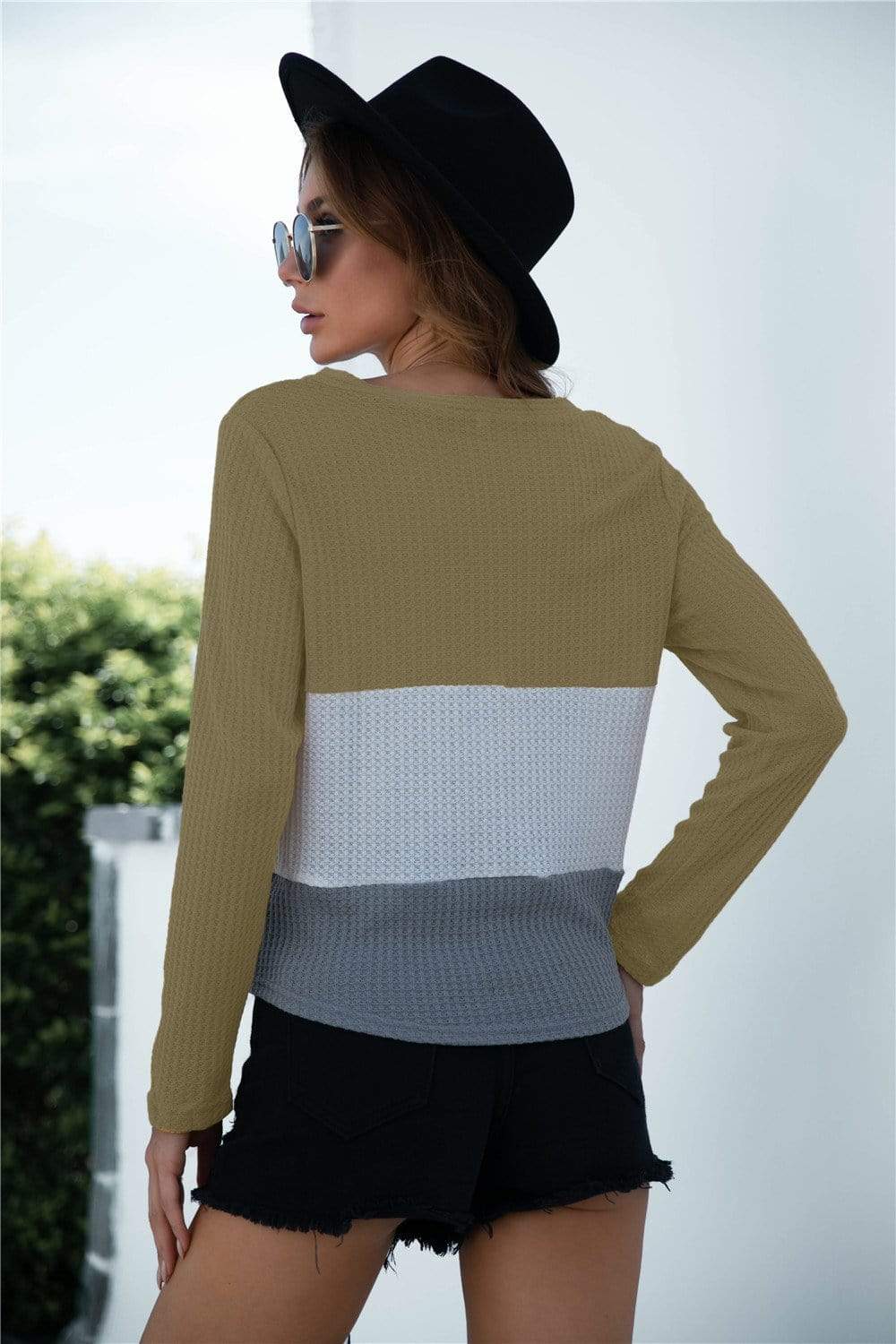 Anna-Kaci Color Block Button Up Knitted Tied Front Long Sleeve Top