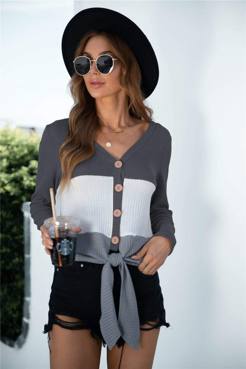 Anna-Kaci Color Block Button Up Knitted Tied Front Long Sleeve Top