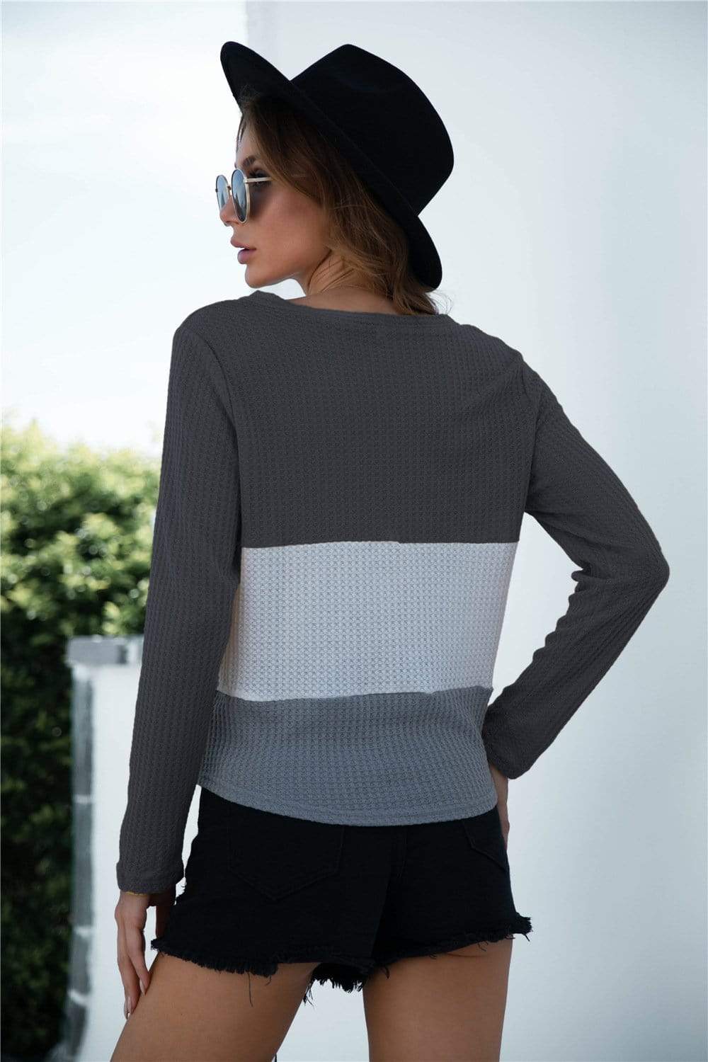 Anna-Kaci Color Block Button Up Knitted Tied Front Long Sleeve Top