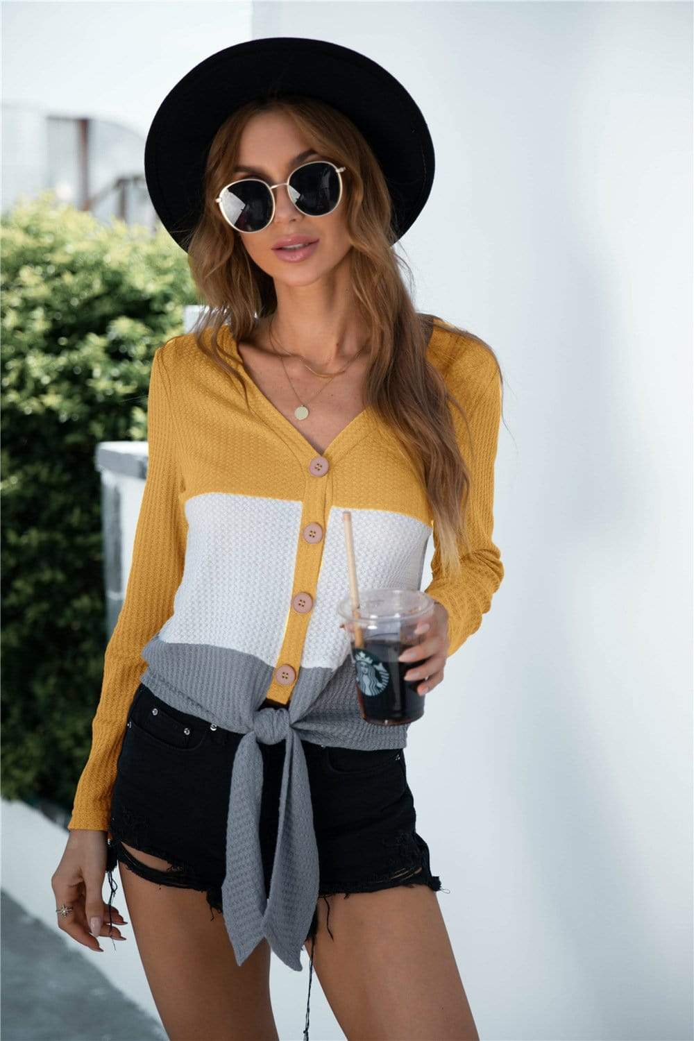 Anna-Kaci Color Block Button Up Knitted Tied Front Long Sleeve Top