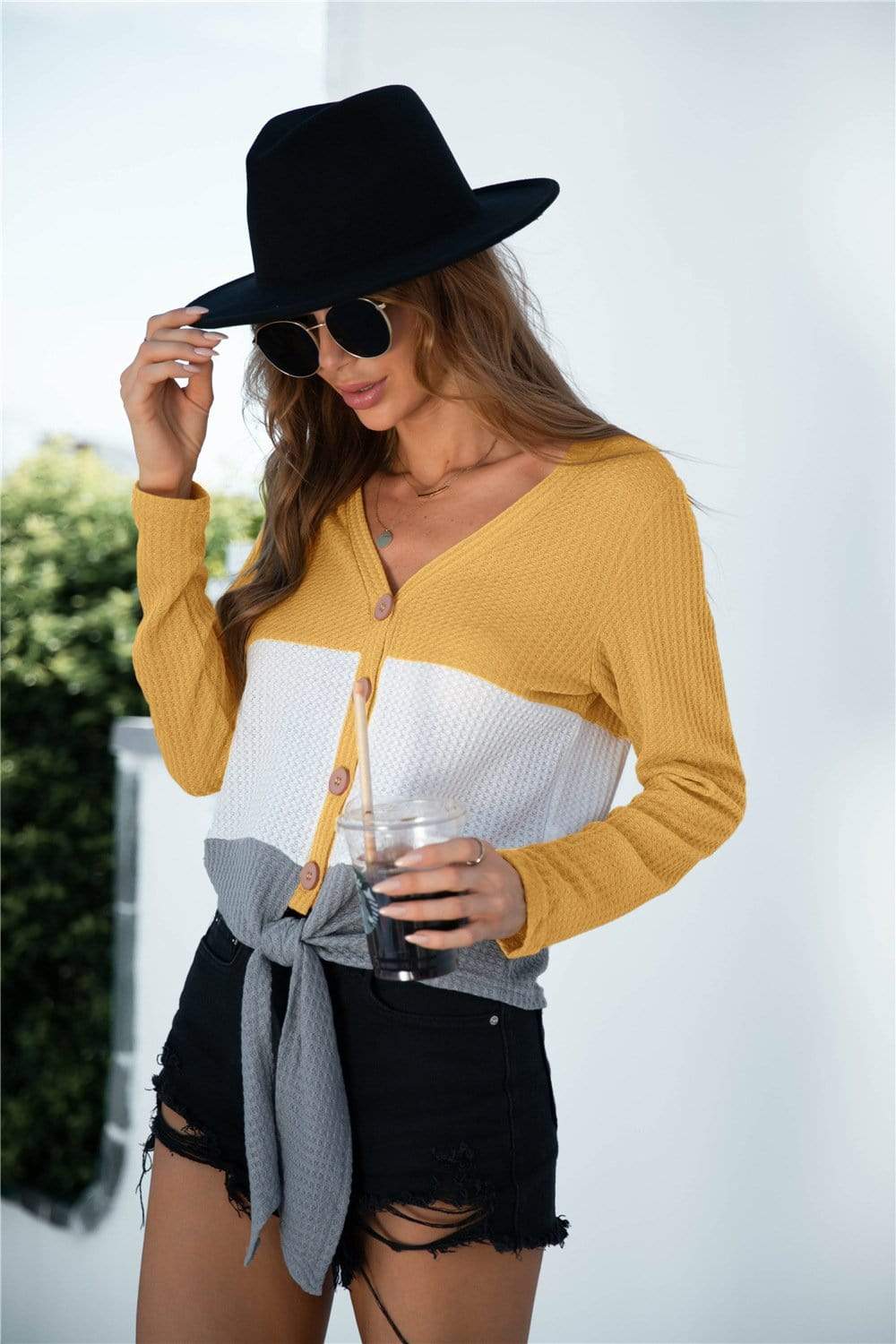 Anna-Kaci Color Block Button Up Knitted Tied Front Long Sleeve Top