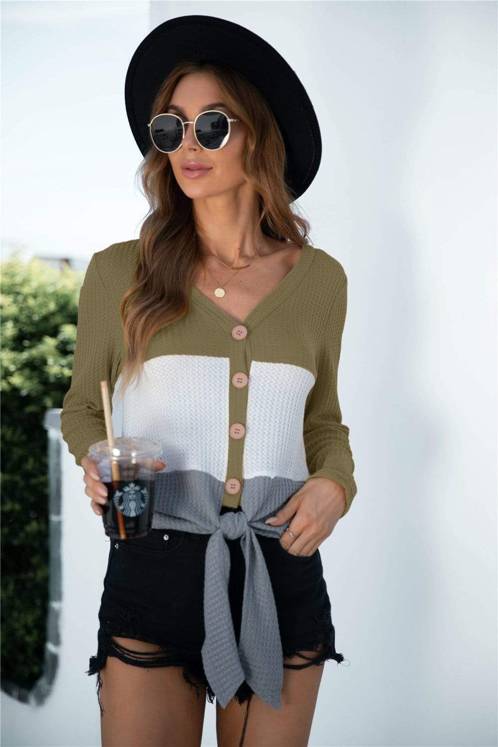 Anna-Kaci Color Block Button Up Knitted Tied Front Long Sleeve Top