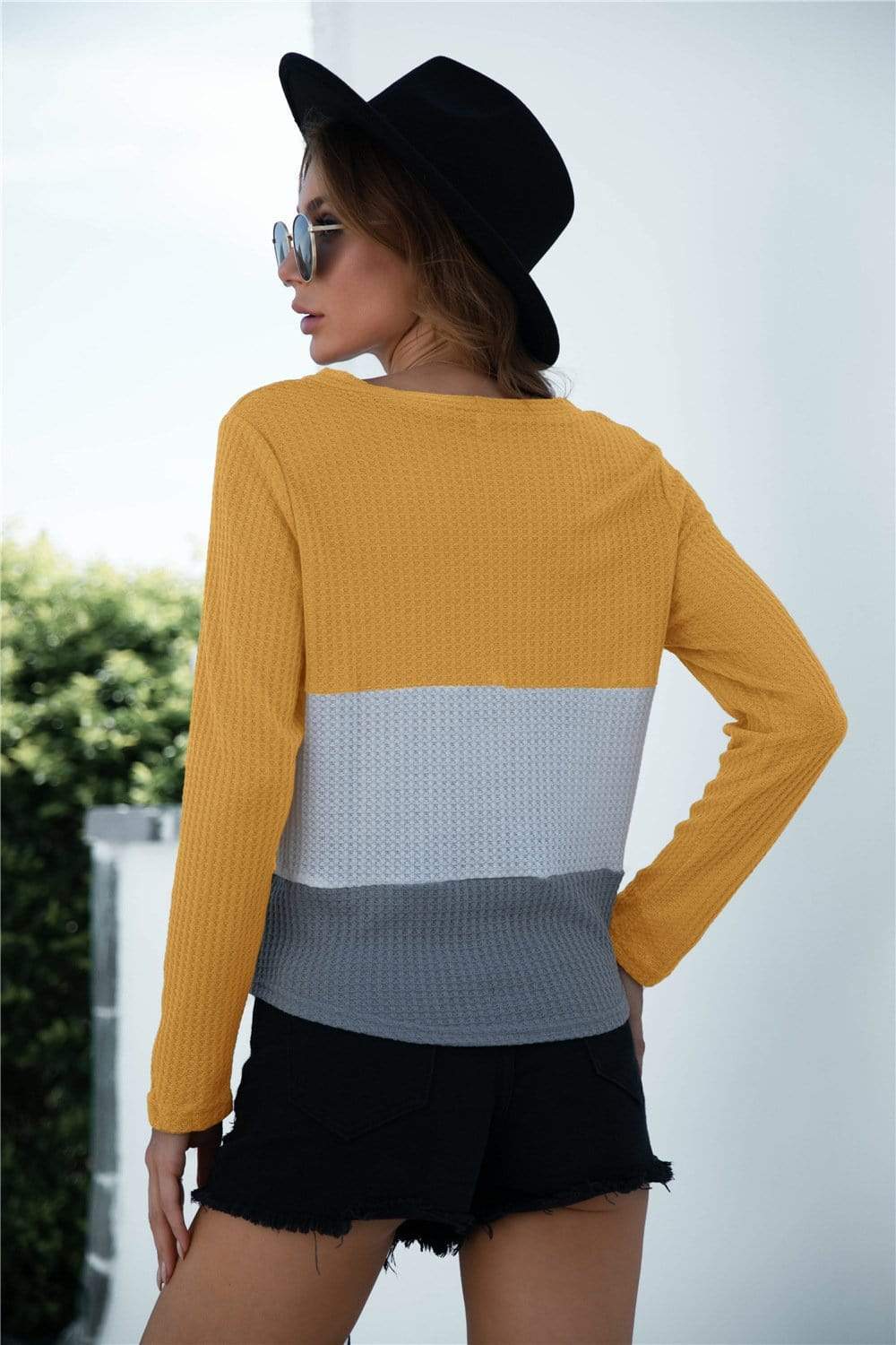 Anna-Kaci Color Block Button Up Knitted Tied Front Long Sleeve Top