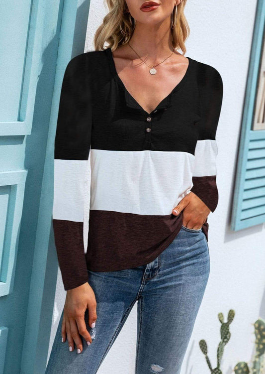 Anna-Kaci Color Block Horizontal Striped Button Up Long Sleeve V-Neck Top for Women Large 8-10 / Black