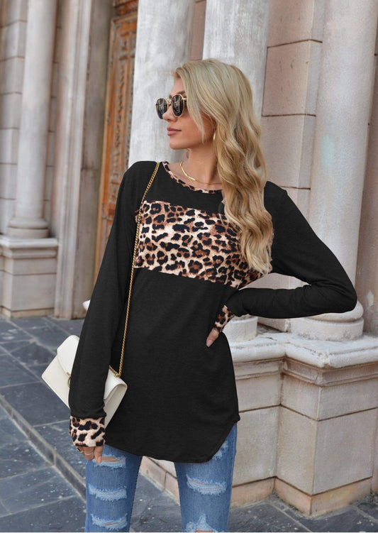 Anna-Kaci Color Block Leopard Print Long Sleeve Loose Fit Shirt for Women
