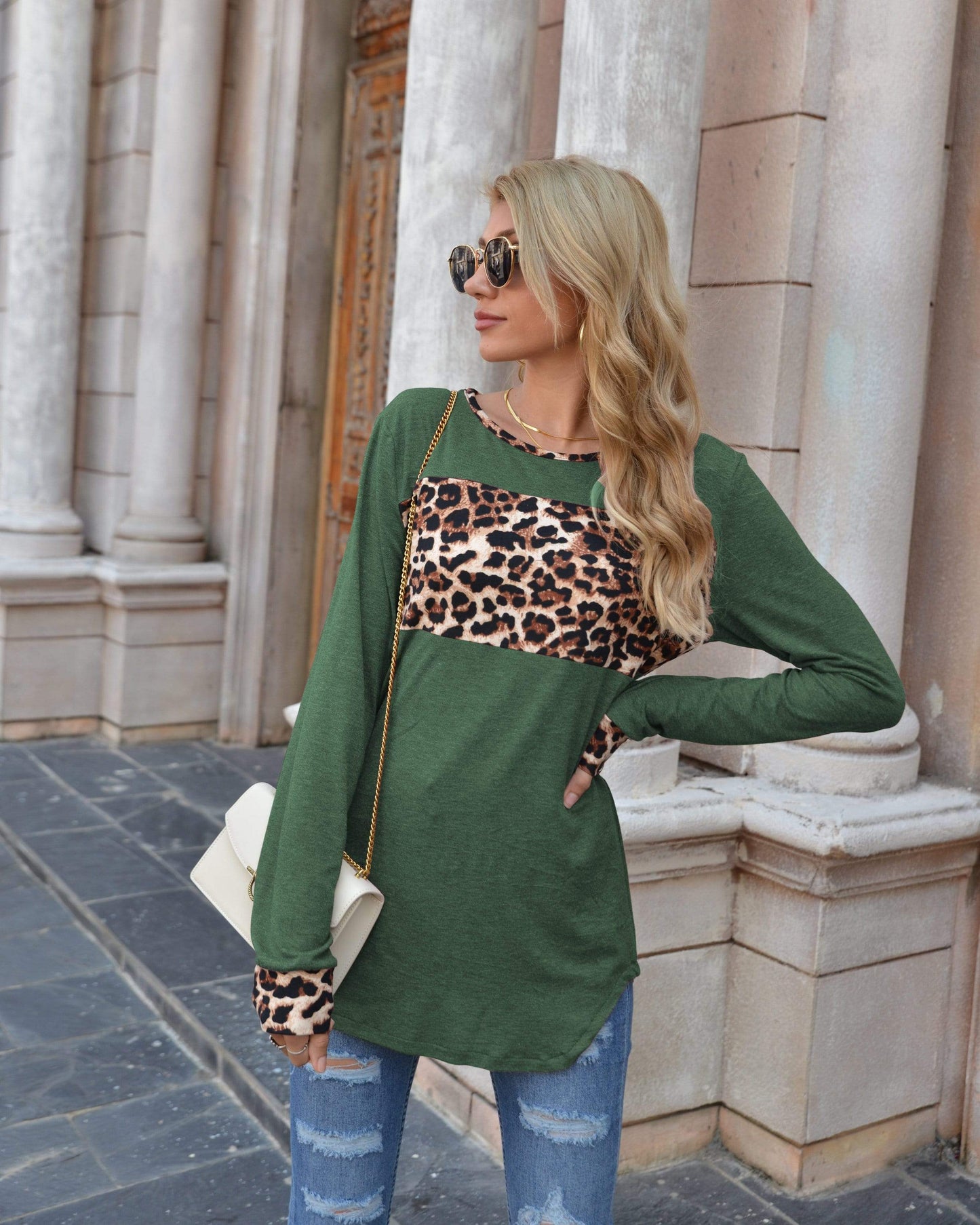 Anna-Kaci Color Block Leopard Print Long Sleeve Loose Fit Shirt for Women