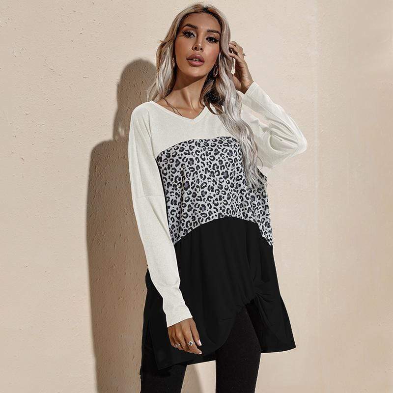Color Block Leopard Print Long Sleeve Top