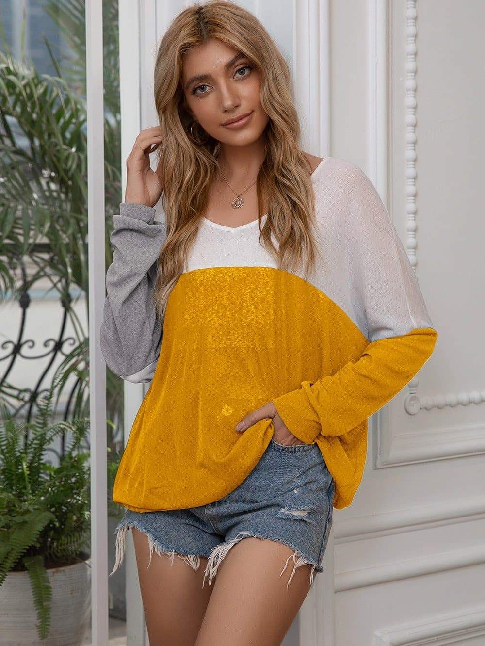 Anna-Kaci Color Block Lightweight Summer Pullover Top Wide V-Neck Long Sleeve