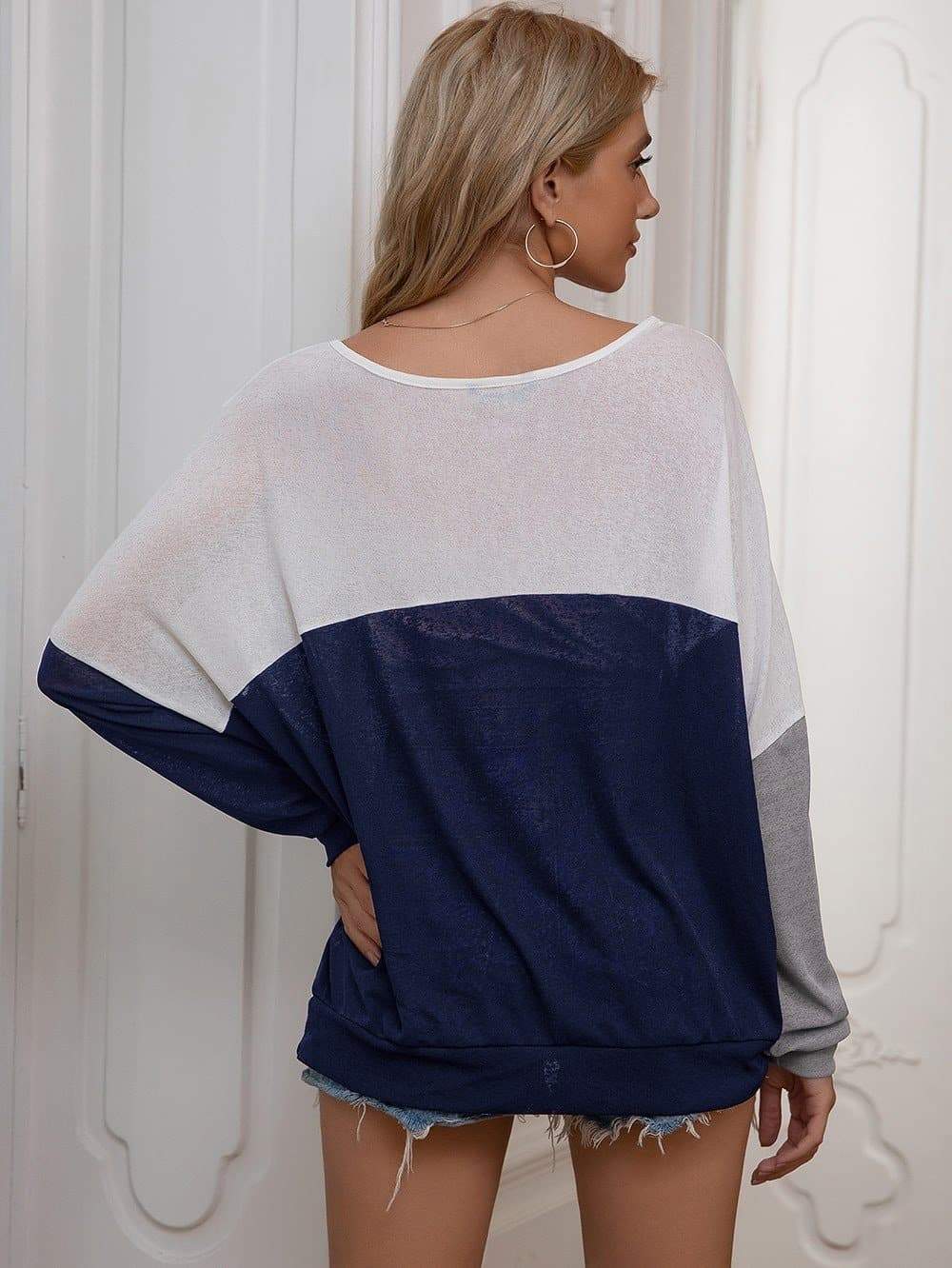 Anna-Kaci Color Block Lightweight Summer Pullover Top Wide V-Neck Long Sleeve