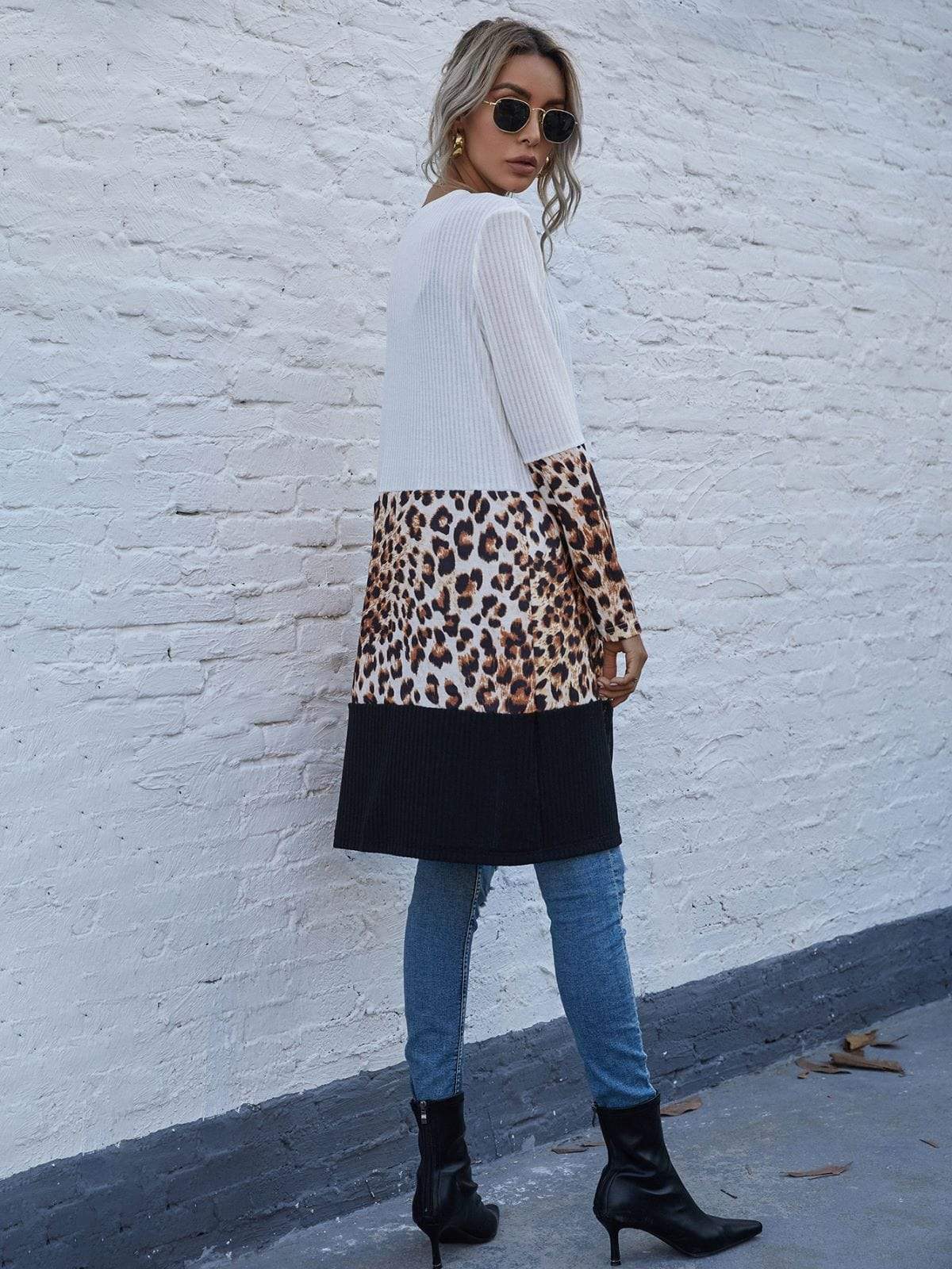 Anna-Kaci Color Block Long Sleeve Leopard Print Long Knit Cardigan for Women