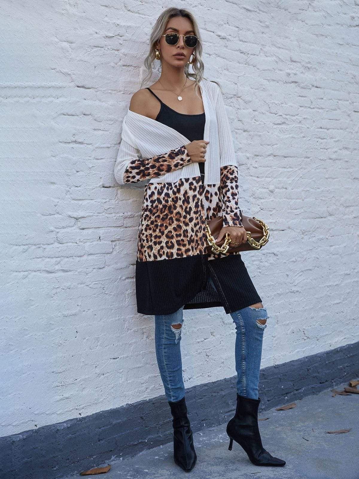 Anna-Kaci Color Block Long Sleeve Leopard Print Long Knit Cardigan for Women