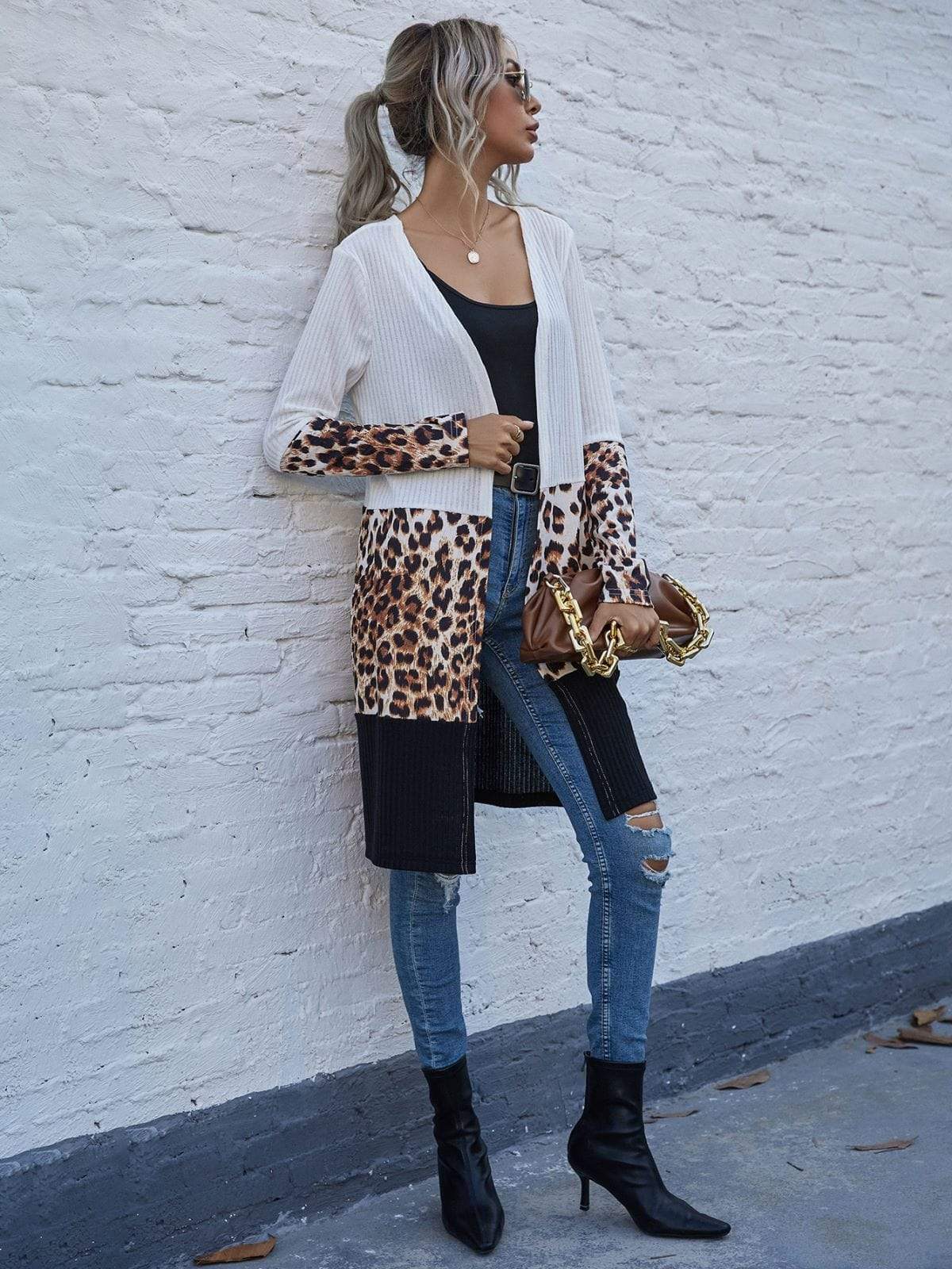 Anna-Kaci Color Block Long Sleeve Leopard Print Long Knit Cardigan for Women