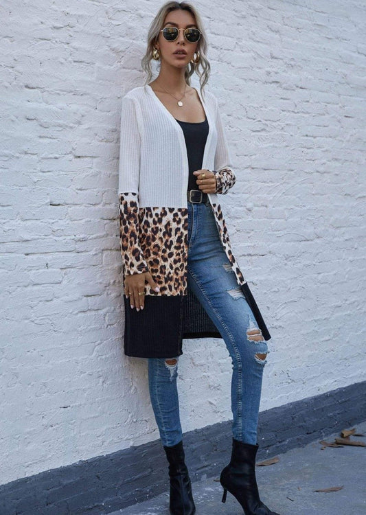 Anna-Kaci Color Block Long Sleeve Leopard Print Long Knit Cardigan for Women Large 8-10 / White