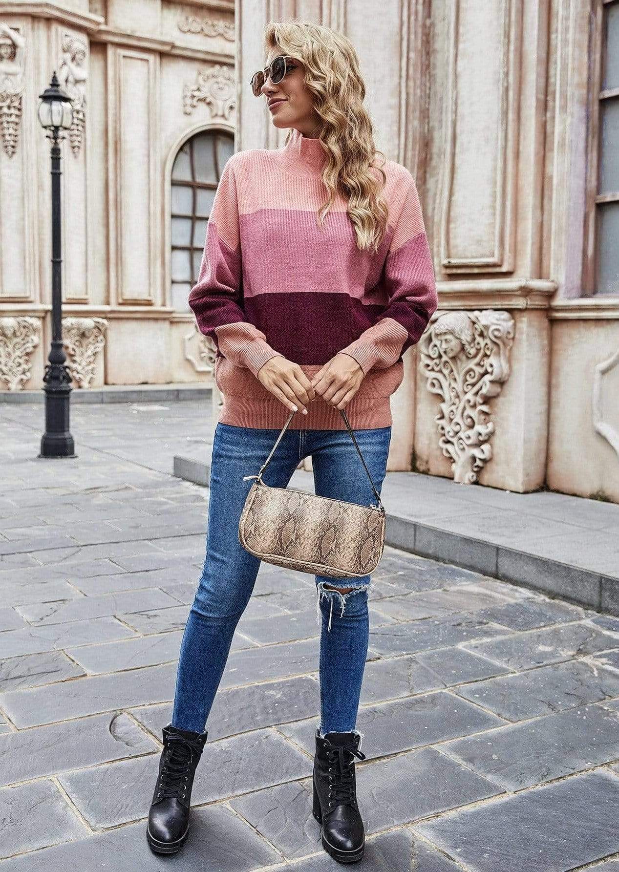 Anna-Kaci Color Block Pink Mauve and Maroon Turtle Neck Long Sleeve Sweater for Women