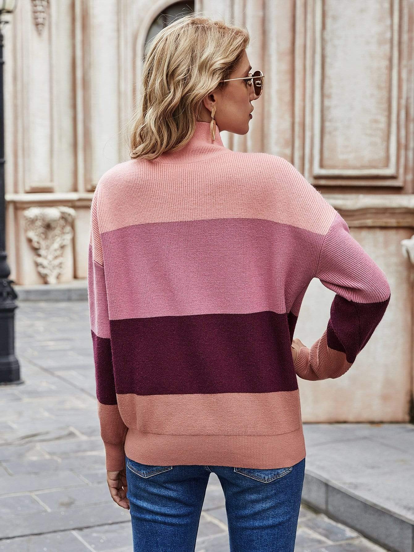 Anna-Kaci Color Block Pink Mauve and Maroon Turtle Neck Long Sleeve Sweater for Women