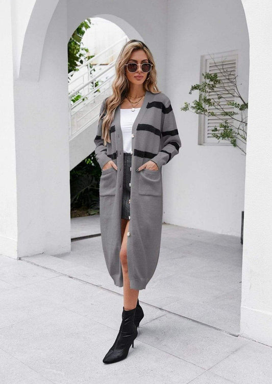 Anna-Kaci Color Block Striped Button Down Dual Pocket Long Cardigan for Women