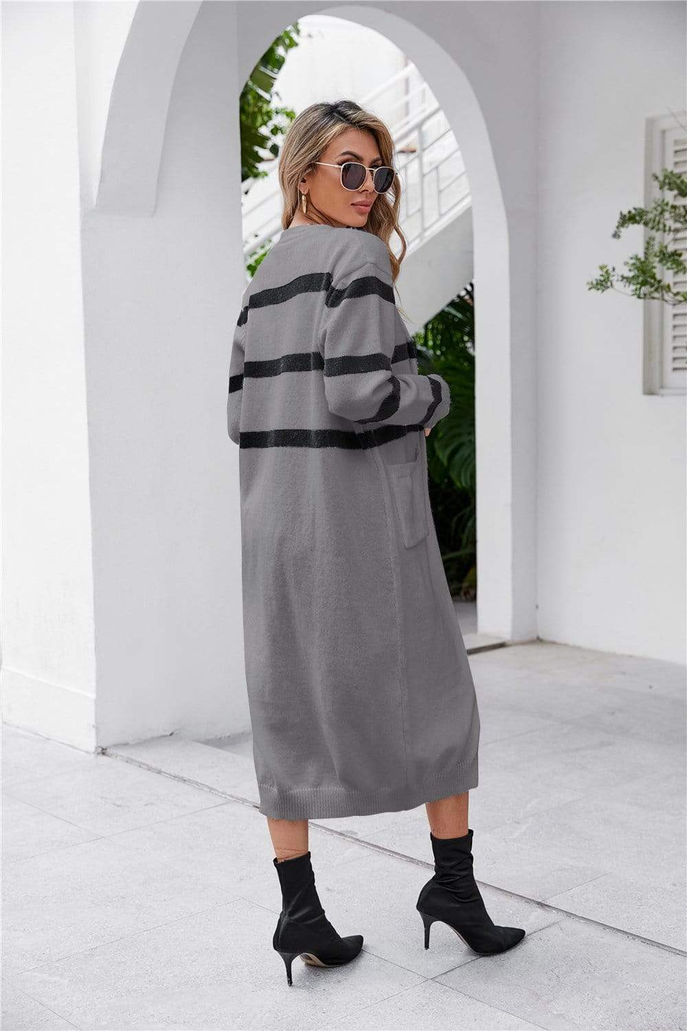 Anna-Kaci Color Block Striped Button Down Dual Pocket Long Cardigan for Women
