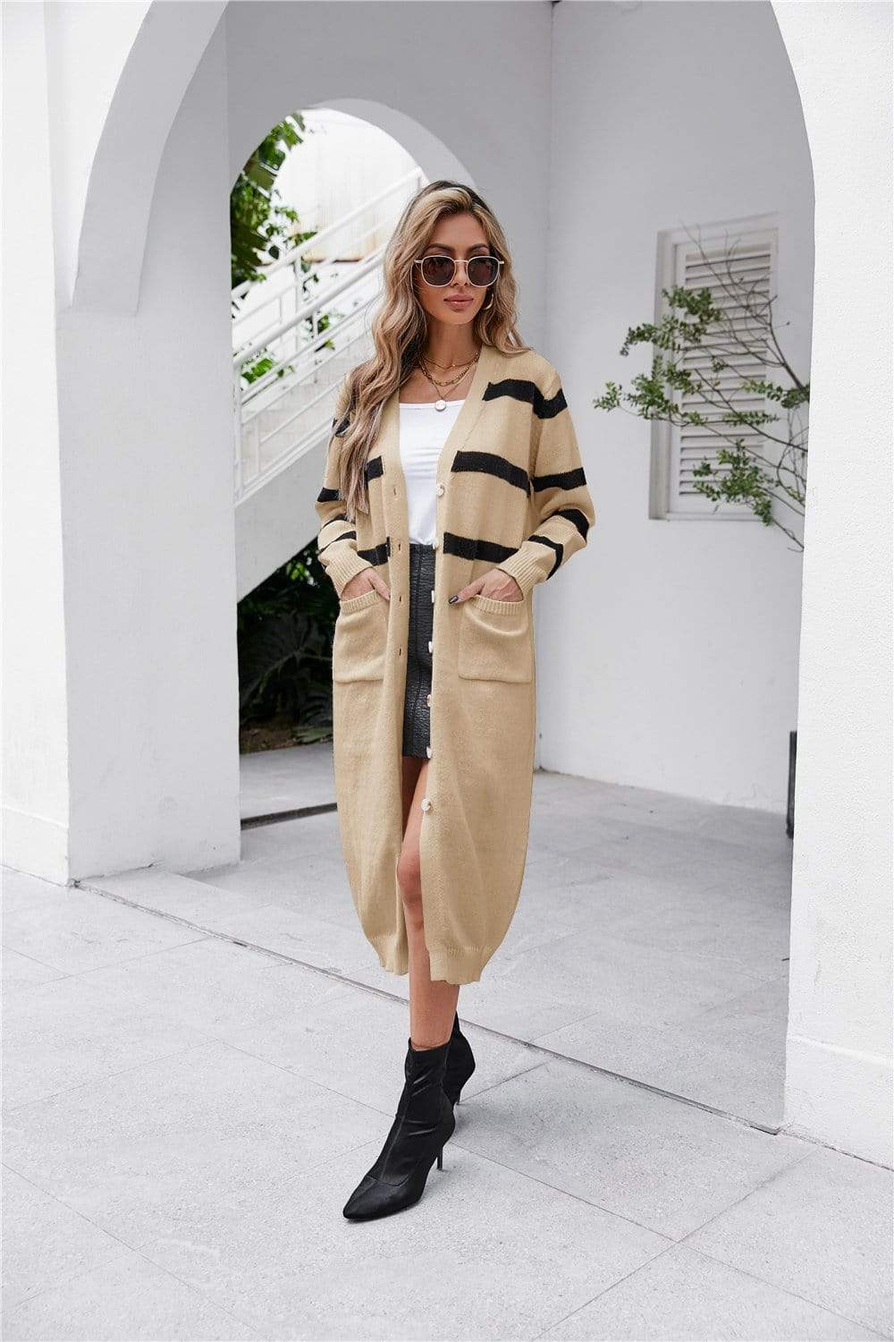 Anna-Kaci Color Block Striped Button Down Dual Pocket Long Cardigan for Women