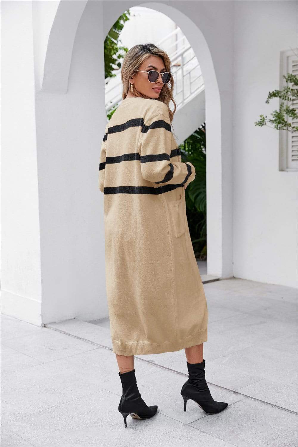 Anna-Kaci Color Block Striped Button Down Dual Pocket Long Cardigan for Women