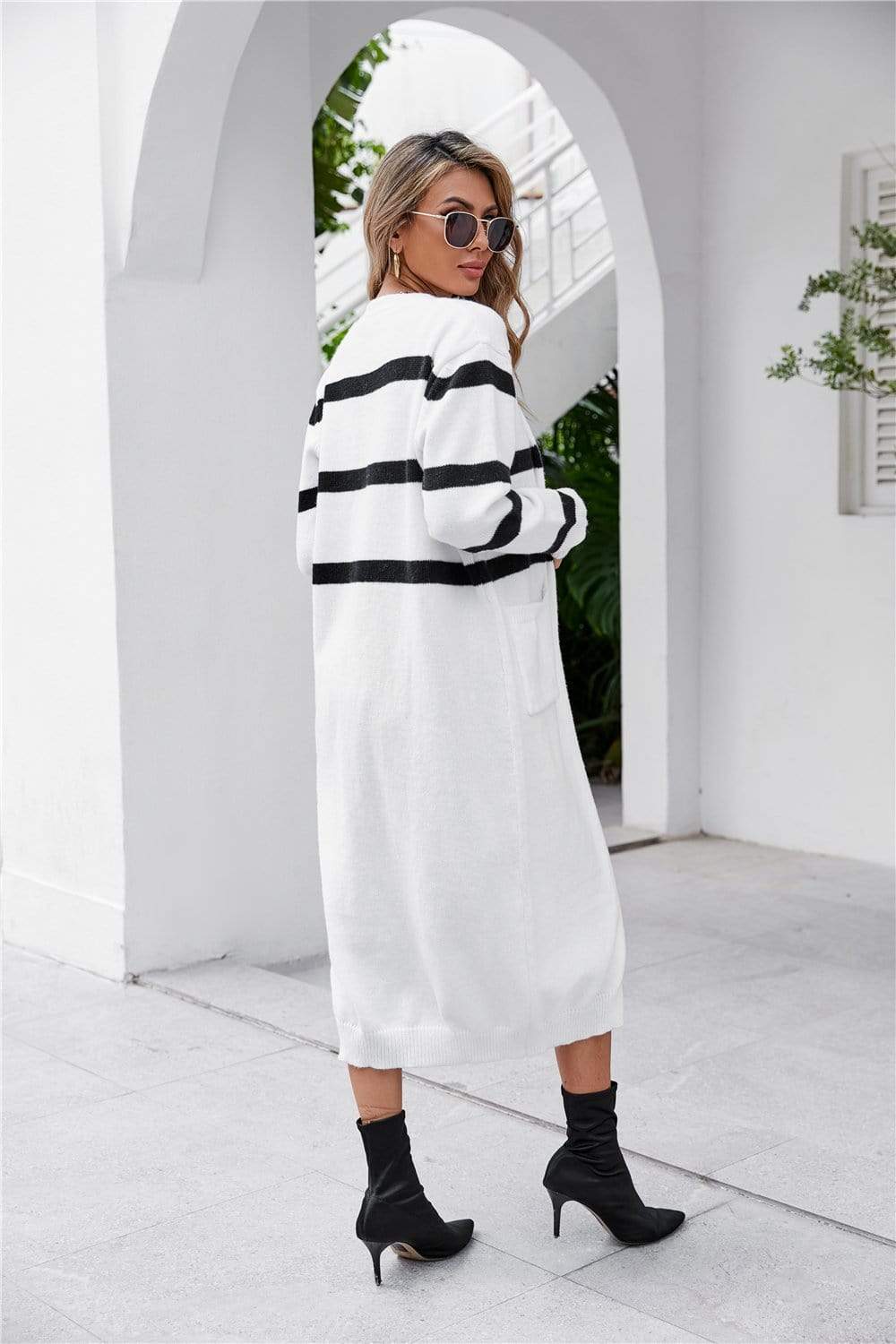 Anna-Kaci Color Block Striped Button Down Dual Pocket Long Cardigan for Women
