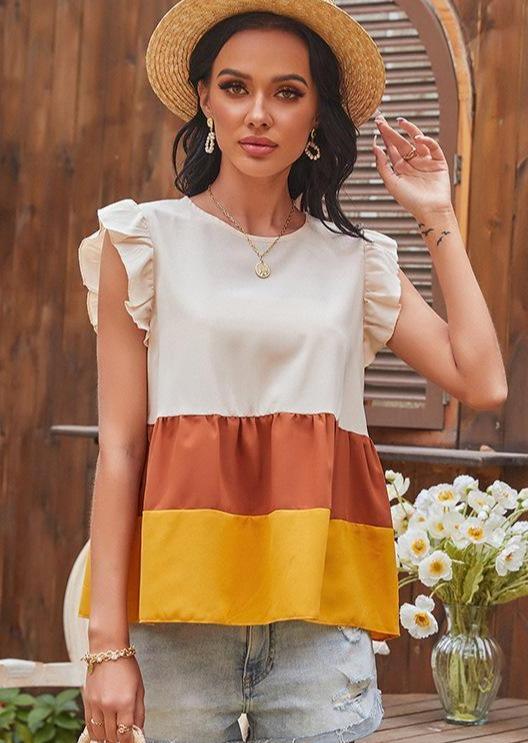 Anna-Kaci Color Blocked Ruffle Tiered Sleeveless Blouse Round Neck for Women