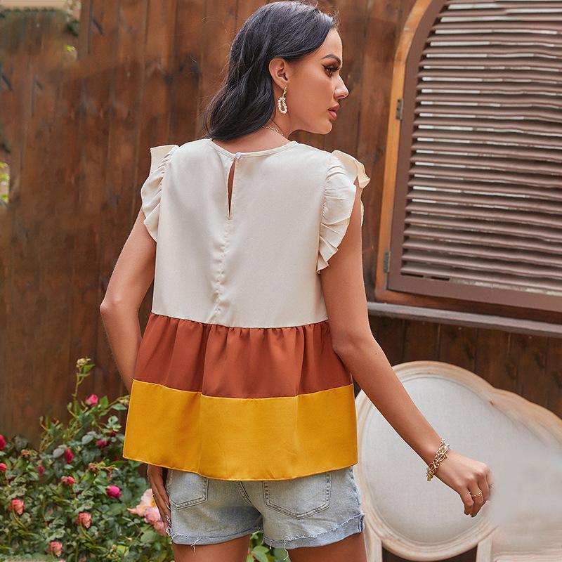 Anna-Kaci Color Blocked Ruffle Tiered Sleeveless Blouse Round Neck for Women