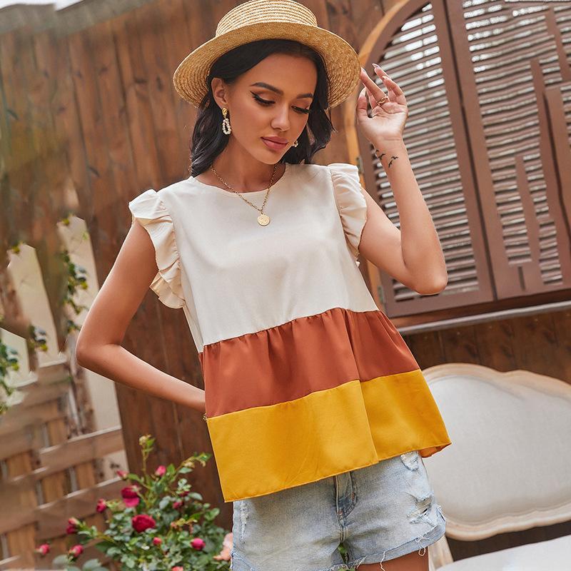 Anna-Kaci Color Blocked Ruffle Tiered Sleeveless Blouse Round Neck for Women