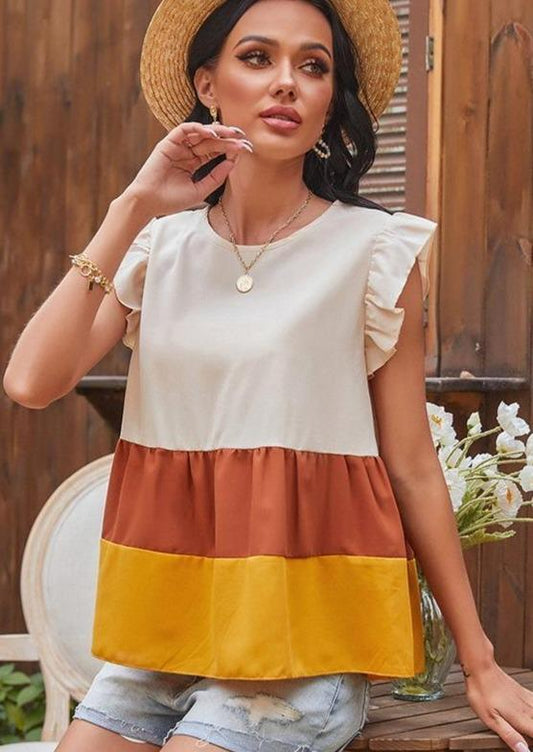 Anna-Kaci Color Blocked Ruffle Tiered Sleeveless Blouse Round Neck for Women Large 8-10 / Beige